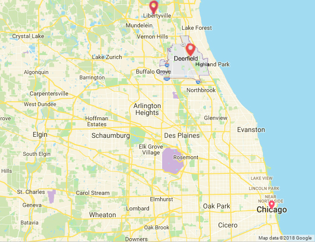 A map of parts of Lake County and Cook County displays the locations of the Illinois cities of Libertyville, Deerfield and Chicago in relation to each other.

Map data from Google Maps.
