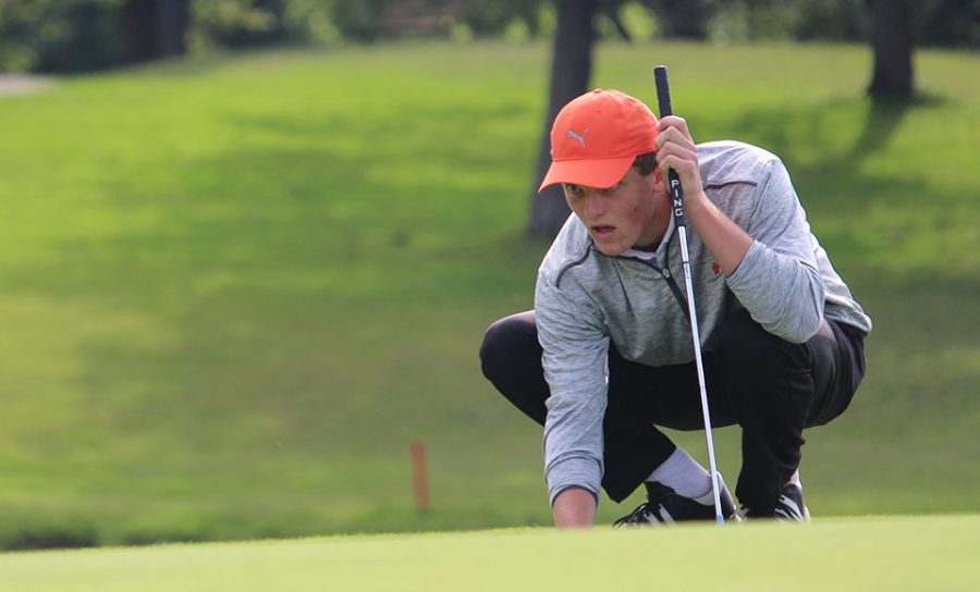 Calamari lines up his putt for birdie on the fifth hole; he ultimately came up short.