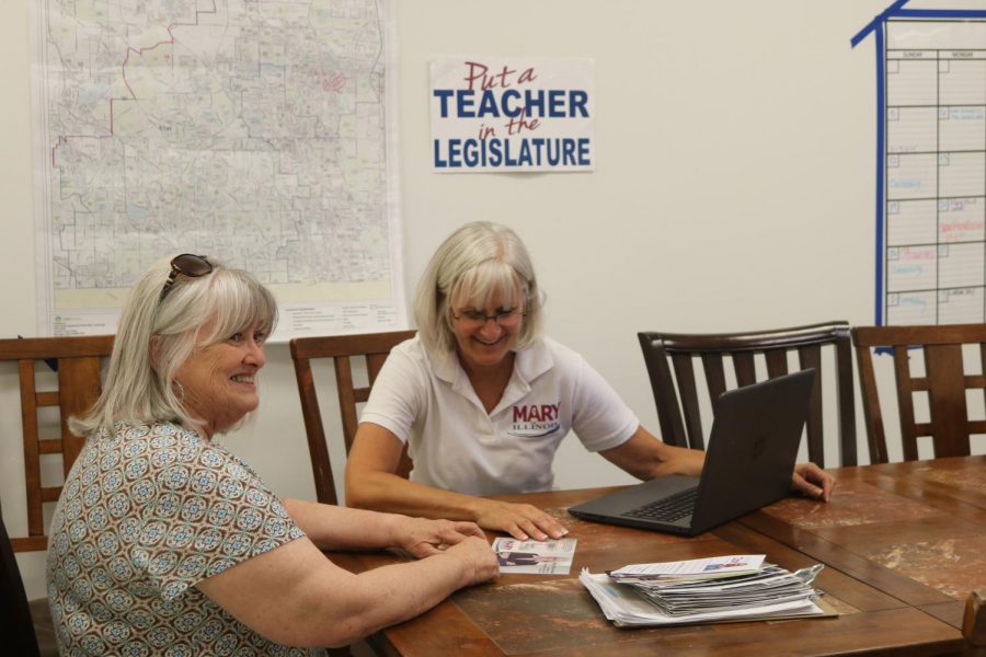 State Congressional candidate Mary Edly-Allen (right) and Emily Harbin Watts, a friend who has helped with Edly-Allen’s campaign, discuss plans for Edly-Allen’s upcoming election.