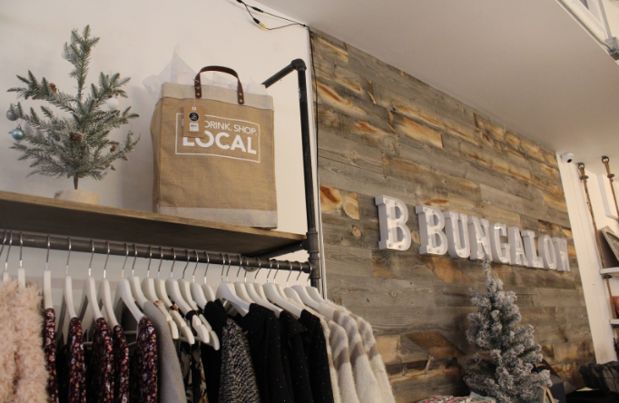 A local shop called B Bungalow was decorated with bags supporting the shop local day. The bags had different sayings written on them: “Live. Love. Local” and “Eat. Drink. Shop. Local.”