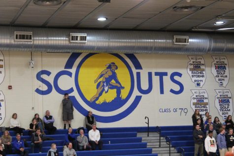 A mural of lake forest high school's mascot, the scouts, is still emblazoned on on the wall of the main gym where it was painted in 1979. 