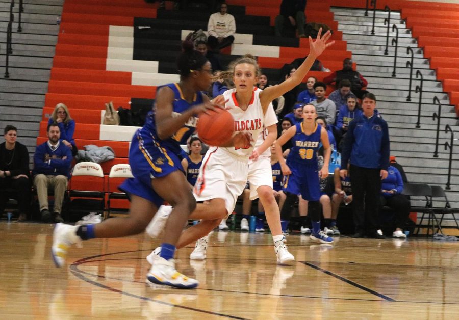 #33, sophmore Morgan Spaulding guards a Warren front as she goes for a basket.