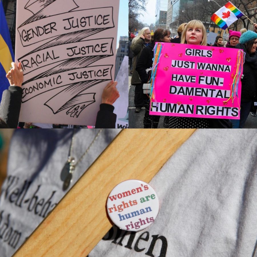 Many modern posters or campaigns take a light-hearted approach to the issue of women's rights which is potentially problematic while others specify issues that relate directly to the root of the problem. Left corner photo by Jonathan Eyler-Werve from flickr, right corner photo by Silvia Maresca from wikipedia commons, bottom photo by OpenRoadPR from pixabay.