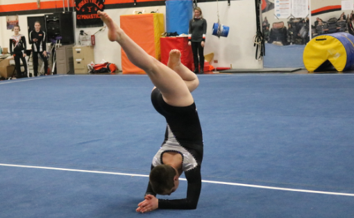 Olivia Bertaud, also a staff member on Drops of Ink, balances herself on her arms while bending one leg and straightening the other.