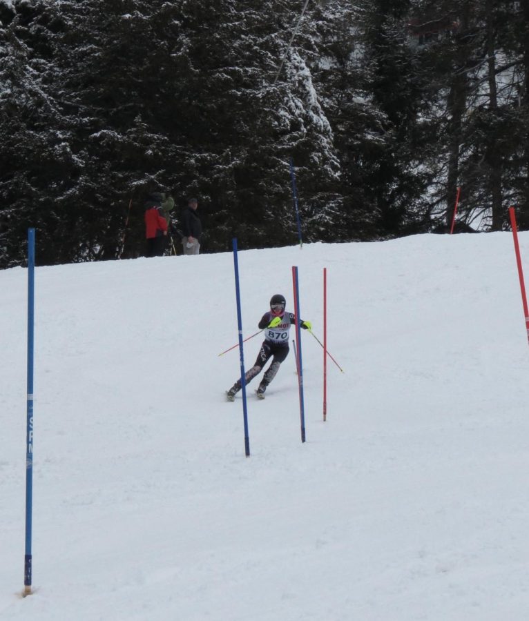 Kraus competes in the second slalom race at Sundown Mountain in Dubuque, Iowa. Slalom skiing is a technical event in alpine ski racing that involves skiing between sets of poles or gates.