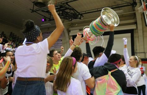 Seniors celebrate their victory as they parade the Spirit Cup overhead.