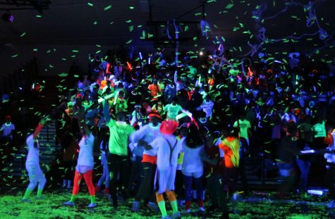 One of the assembly’s surprises was bursts of neon confetti during the spirit competitions.