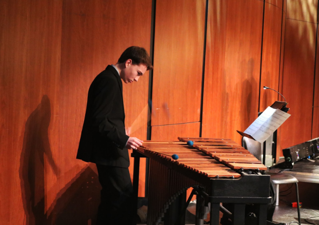 Freshman Gavin Johnson played a lively marimba solo during “Michelangelo” by Astor Piazzola and arranged by Fred Sturm.