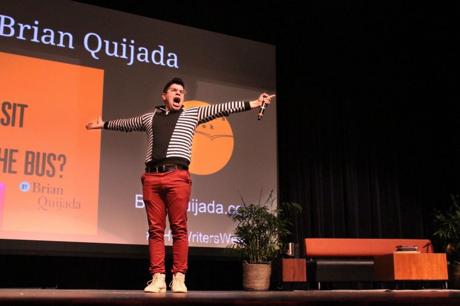 Brian Quijada is a playwright, musician, actor and a solo performer who specializes in looping, a repetition of short sections of music that create a beat, to make his poetry into music.