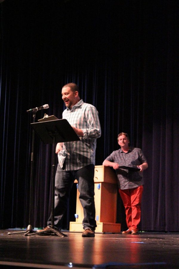 On the second day of Writers Week, there were many different LHS staff members who participated on stage. Mr. Kevin O’Neill and Mr. David Kreutz both wrote short stories on the spot, incorporating three words given to them by their audience.
