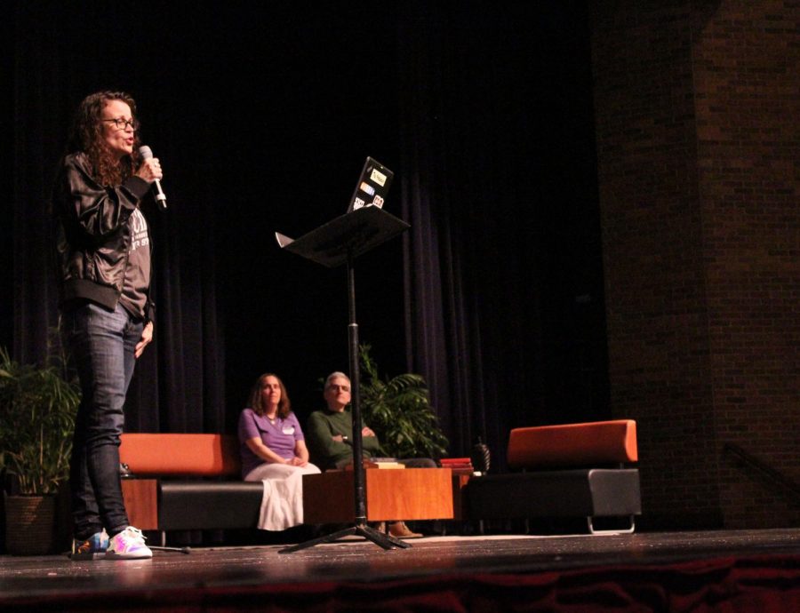 LHS science teacher Mrs. Suzanne Torrence presented an impromptu short story that she had written during the 40-minute period in which she was presenting, following the guidelines of a few words given to her by students in the audience.