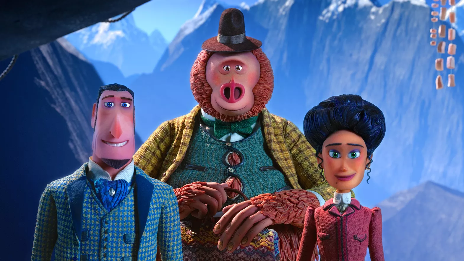 Sir Lionel Frost (Hugh Jackman), Mr. Link (Zach Galifianakis), and Adelina Fortnight (Zoe Saldana) in Missing Link. Laika Studios/Annapurna Pictures