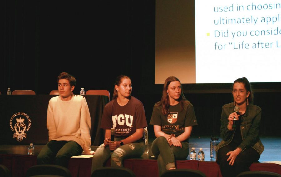 (left to right) Seniors Cooper Miller, Stephanie Gay (member of Drops of Ink), Brianna Reed and Tess Aumuller all came to share their recent experiences with college applications. The four discussed their personal application experiences and what their final decisions ended up being.