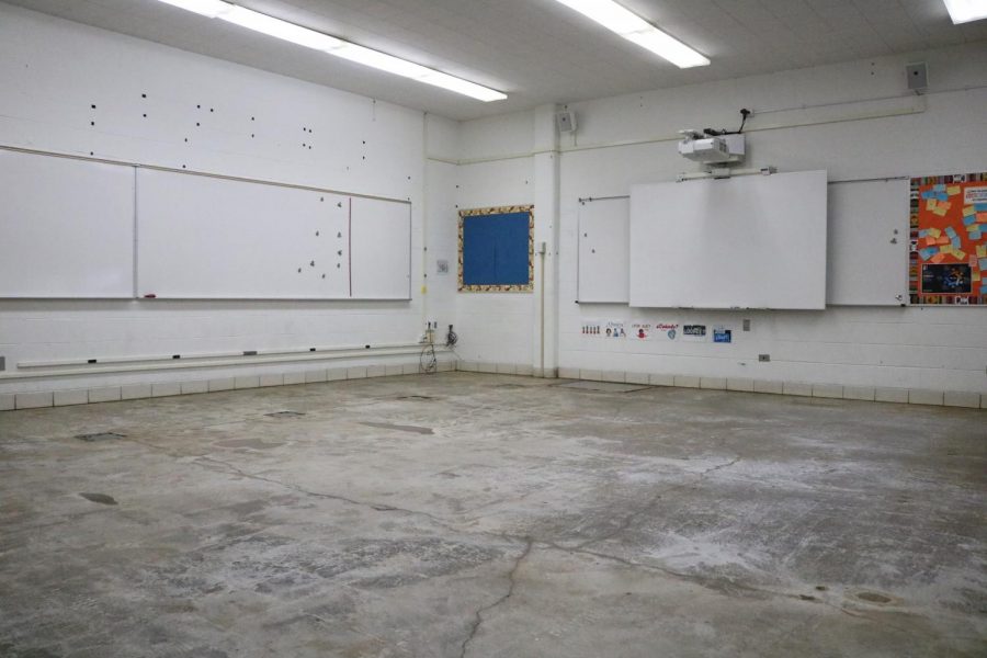 Room 130 is one of the foreign language classrooms where asbestos was found under the floor tiles. The asbestos was discovered in early April; the classrooms are expected to ready to use on May 20.