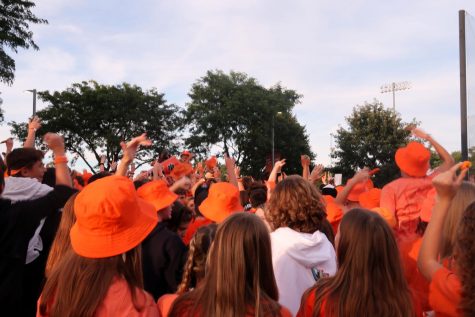 Student Council films students chanting cheers for an upcoming video.