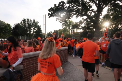 Libertyville students exit the baseball field, beginning the first walk to Carmel in 15 years. 