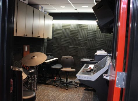 The sound system room, which is located in and behind the Studio Theater, includes soundproofed walls, a drum set, a keyboard and a new sound mixer. The room is relatively small but is able to accommodate around eight people.