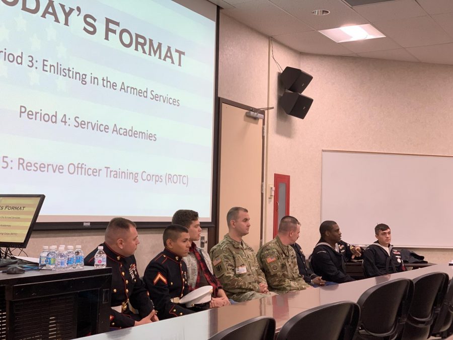 A Navy recruiter (second from the end of the right) explains the Armed Services Vocational Aptitude Battery, a test used to evaluate a person’s qualifications for various military occupations.