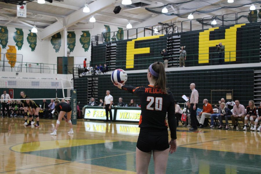 Hopper holds up the ball as she gets ready to serve it over onto the Vikings’ side.