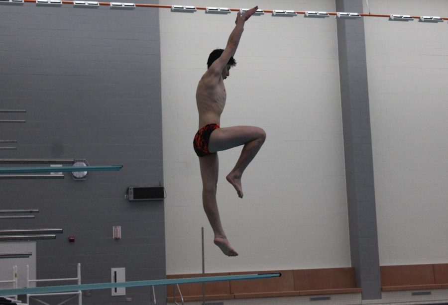 Senior Jake Hughes gains momentum off the end of the diving board.