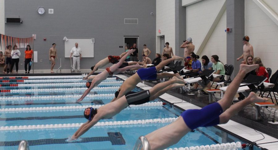 Swimmers dive into the water at the sound of the buzzer for the JV 200-yard freestyle.