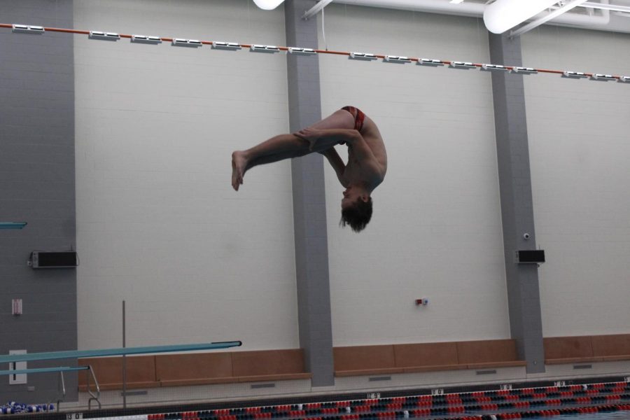 Freshmen Ethan Paul does a front approach into his dive.