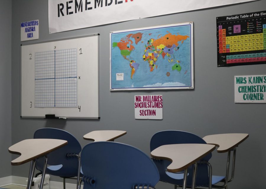 The “Middle School Madness” storyline begins in a typical classroom complete with desks, a world map and a table of the elements. These are all clues leading to entry into the next room.