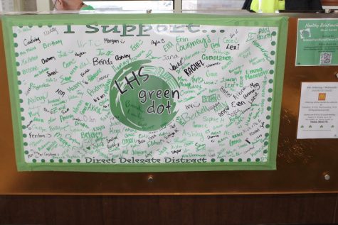 The LHS Green Dot program made a banner to celebrate Healthy Relationships Week. Students showed their support by signing a banner during their lunch periods, which was then hung at the LHS front desk.