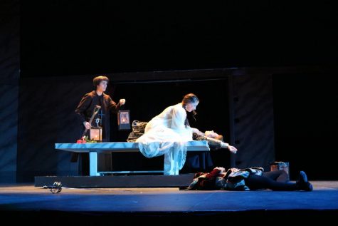 The Friar (Will Anderson) looks on in mourning and guilt as Juliet (Grace Dillon) realizes Romeo (Jason Sekili) is truly dead. Fearing the townspeople’s reactions, the Friar fled from the scene, making him the last character to see Juliet alive.