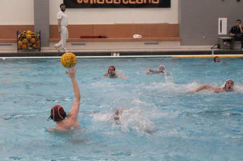 Senior Andrew Bacilek extends his arms up towards the ball.