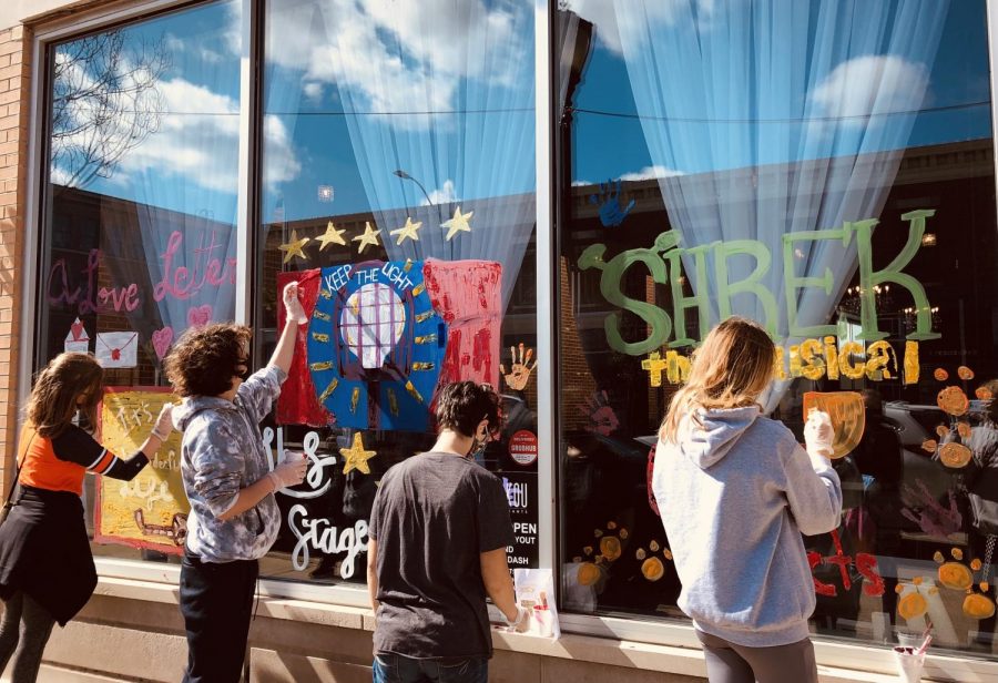 Stageplayers depicted their past musicals and musicals they plan to do in the future on the windows of Shakou.