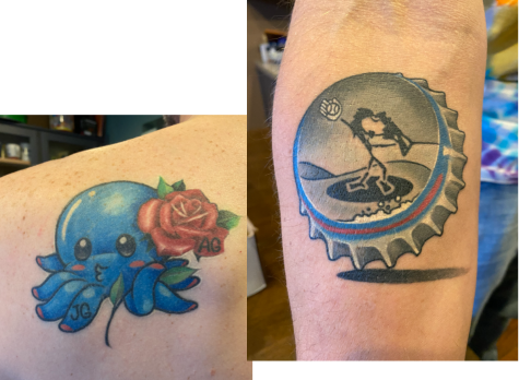 Jeremy Gerlach has two tattoos, one on his back and one on his forearm. The octopus and rose represent his two children and the bottle cap depicts a drawing his daughter made.
