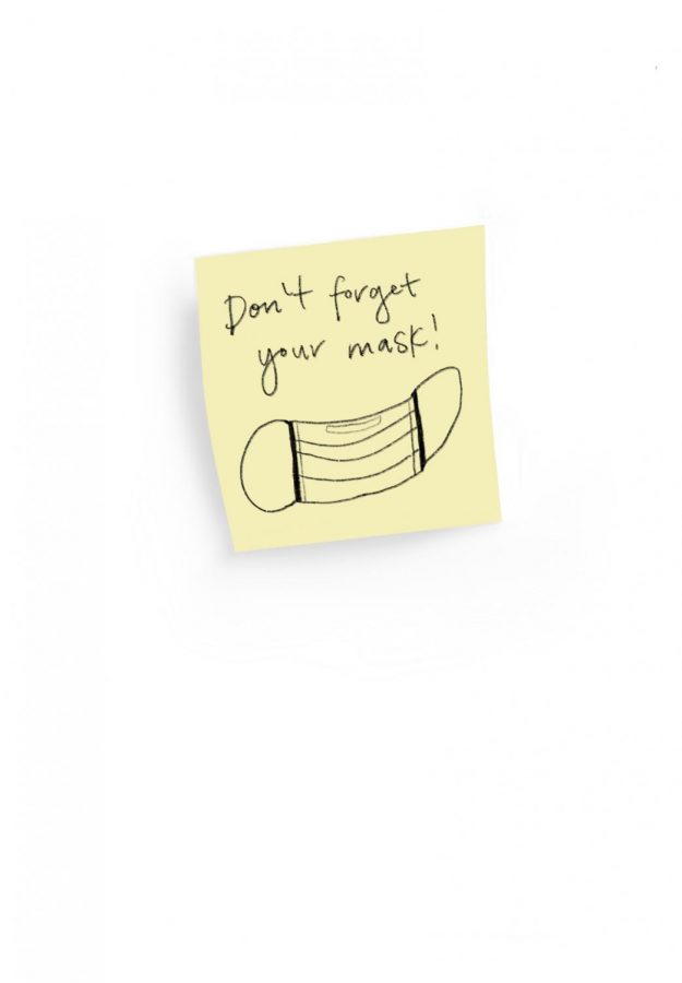 A sticky note that says Dont forget your mask