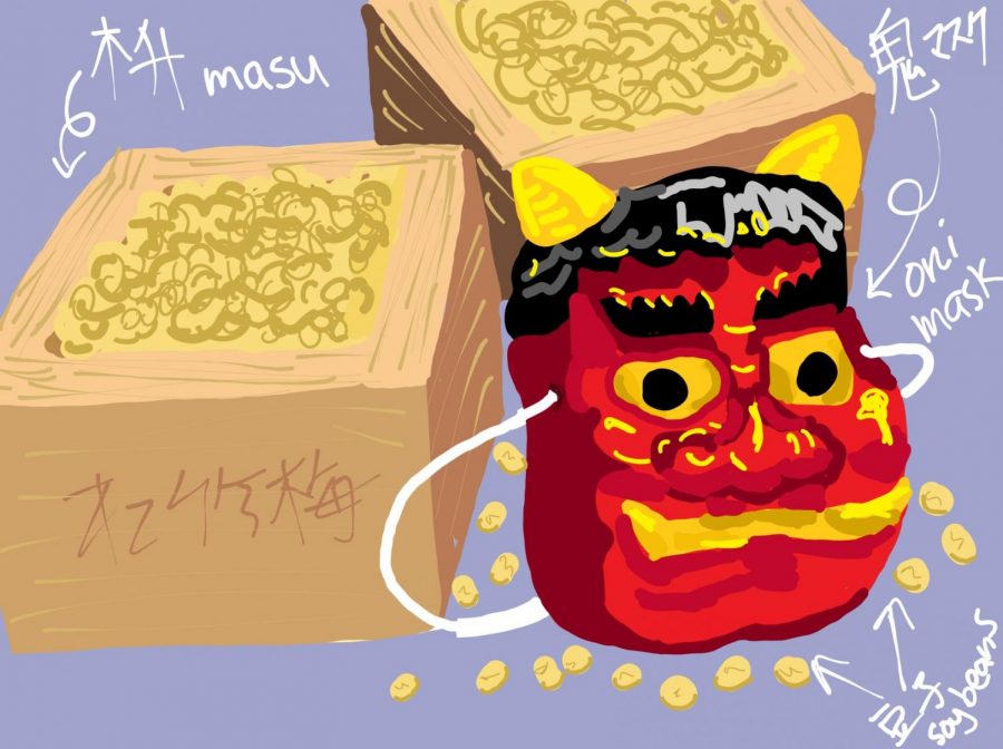 A mask and an Asakemasu for celebrating Setsubun.