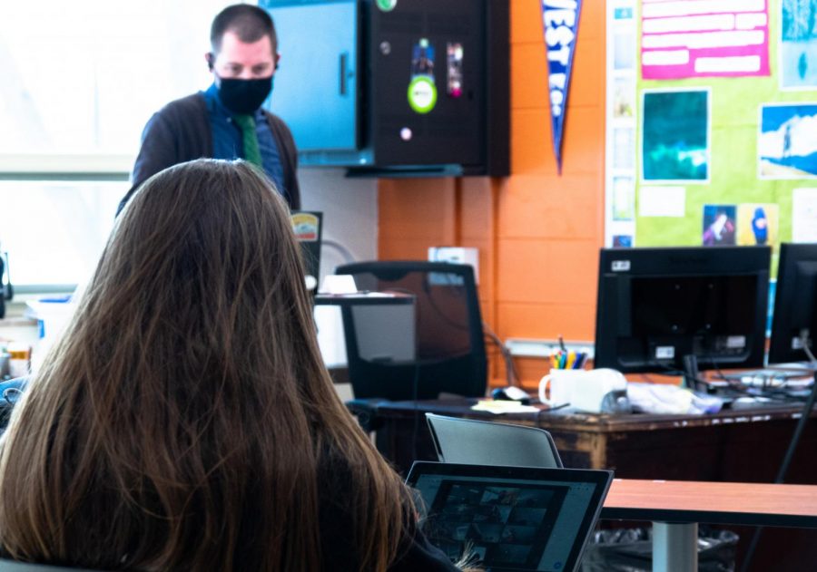 Hybrid students in Matt Tooley’s World Literature class stay connected with online students by joining their class’s Zoom call.