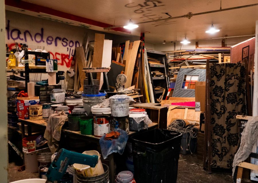 Due to the limited space backstage and large variety of props needed for theater productions, many storage closets underneath the stage are used to store props. The prop closet pictured above also stores materials for prop construction, like paint and drills.