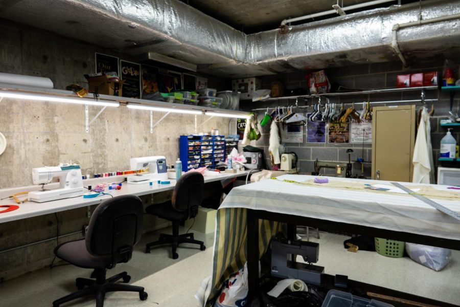 The costume design room underneath the stage is where each production’s costumes are made. The room contains sewing kits, measuring tapes, fabric, string and anything else designers need to make costumes. 