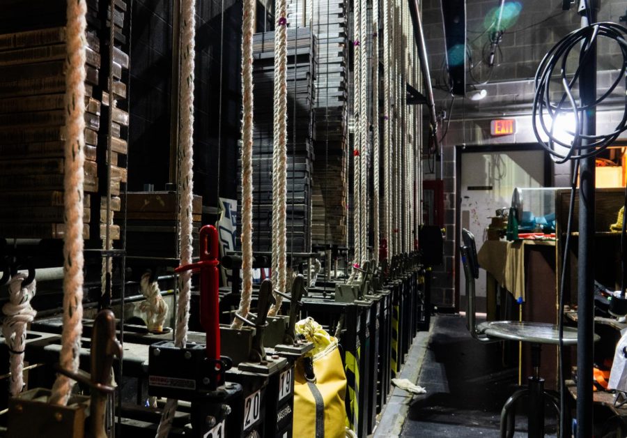 Backstage of the auditorium, crew members use these ropes to control lights and larger set pieces. The pieces are attached to the ropes and stored above the stage, where crew members can then use the ropes to raise and lower them as needed.