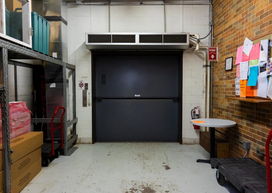 Located around the corner from the building and grounds offices, the loading dock elevator is used to access the basement and loading dock. Supply shipments can be brought in from the loading dock and transported downstairs through here. LEAF also uses this elevator to bring recycling bins downstairs to be picked up by recycling services.