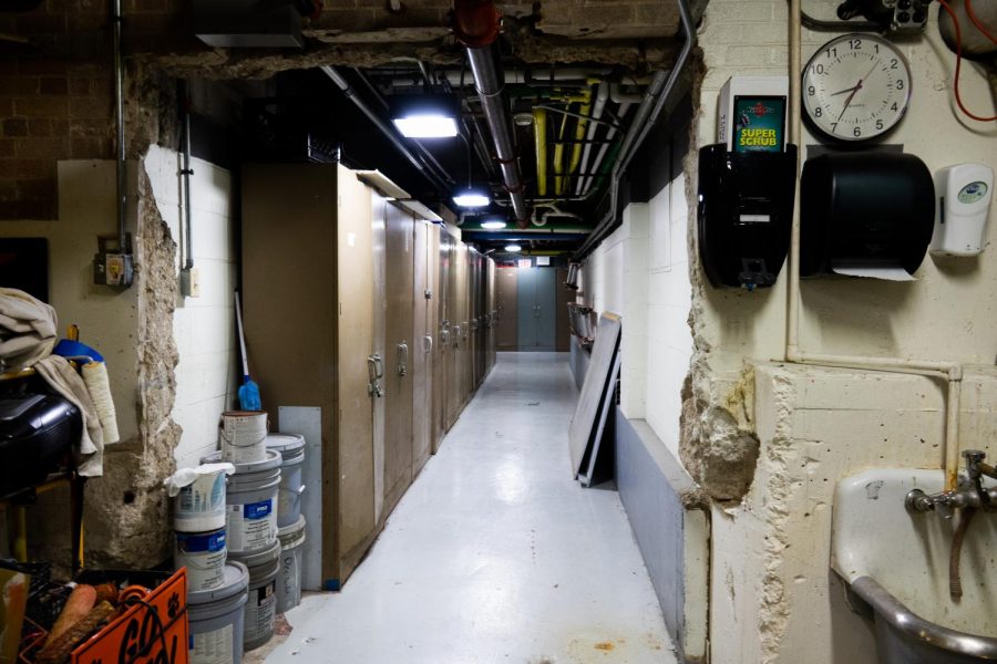 The basement also contains several storage lockers with various supplies and maintenance tools.