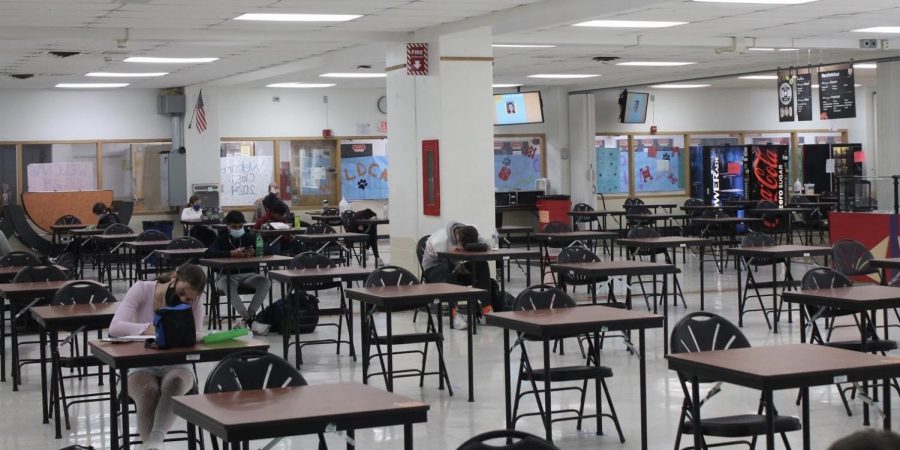 The cafeteria is open for eating for the first time in over a year, but with many restrictions. Students must sit at separate tables six feet apart and wear masks for the duration of their lunch period unless eating.