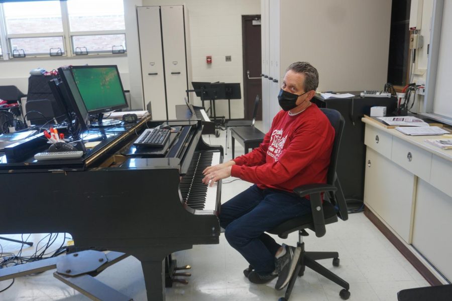 “The reason we’re having to use this for Zoom is because the acoustic piano is too loud for the microphones that pick up the choir, so these microphones channel the choir into the Zoom. So when you play the piano this close to them, it’s overpowering; you can’t control the volume…The $30,000 instrument becomes useless except to use it as a table.”