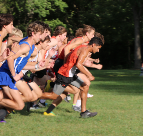 Senior Ali Faiz leads the runners off of the starting line.