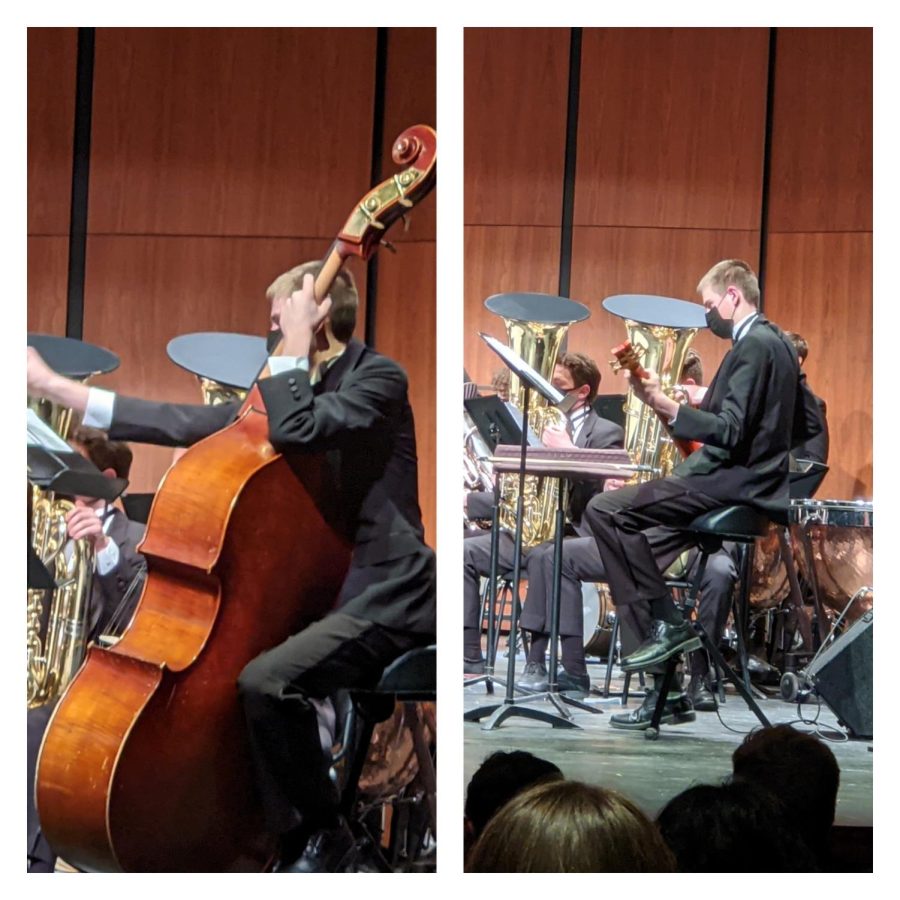 Sophomore Owen Gohr, cellist in LHS’ orchestra, takes the stage, multitasking between the double bass and bass guitar throughout the evening’s performance. 
