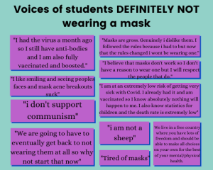Students were given the option to elaborate on what factors affected their decision to wear a mask or not. 22.5% of those surveyed chose to "Definitely not" wear a mask.