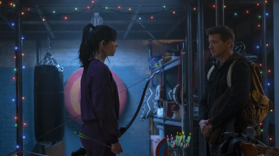 (Courtesy of Walt Disney Pictures) 
Kate Bishop (Hailee Steinfeld) a prestigious fighter and archer, encounters her idol Clint Barton (Jeremy Renner) as they outrun Clint’s heinous past as Ronin.