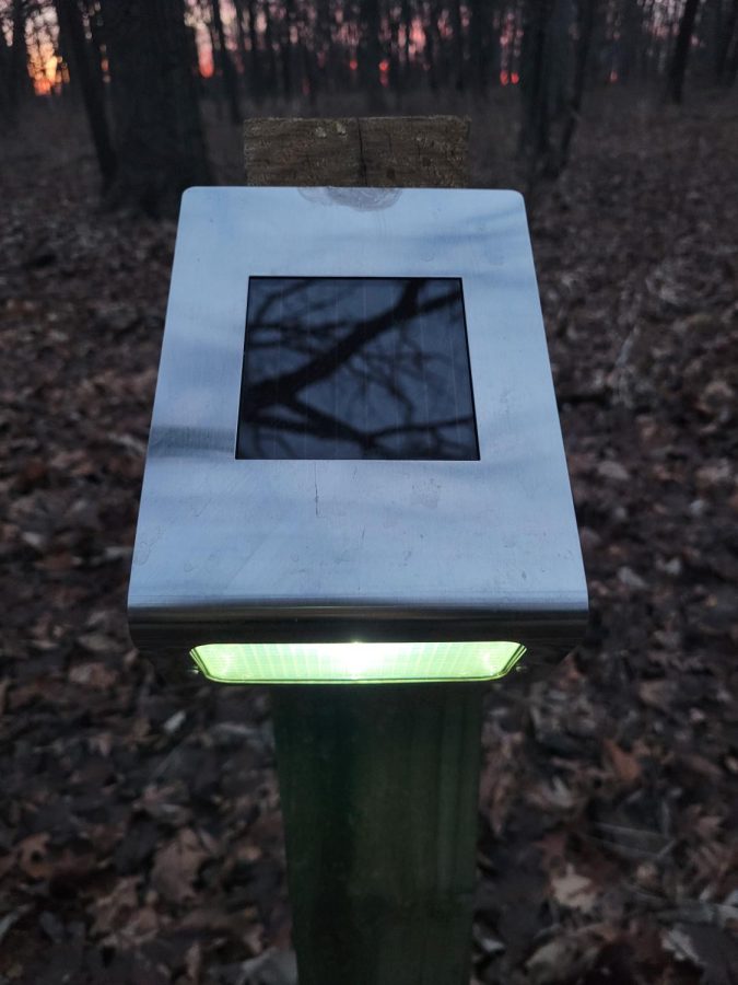 The bike path lights use solar panels to store energy, which then powers the lights at night. The lights can run for around eight hours before needing to be recharged.