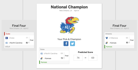 The following shows the bracket’s prediction for the Final Four. It took Huber 3 days to finish making the bracket, completing it the day before March Madness began. Photo from George Huber.