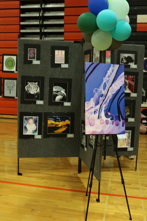 2D Art classes had a variety of different works set up around the gym. Painting Studio students had works in many different painting mediums such as acrylic and mixed media.