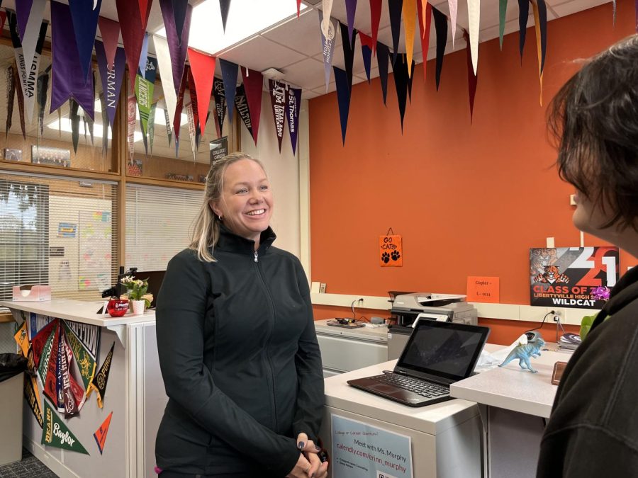 Ms. Cardinale talks to a student about their college application process. In the CRC she also coordinates scholarship programs, schedules military recruitment and manages the CRC newsletter. Cardinale has been working for the CRC for four years now. Her favorite part of the job is talking to and getting to know students.